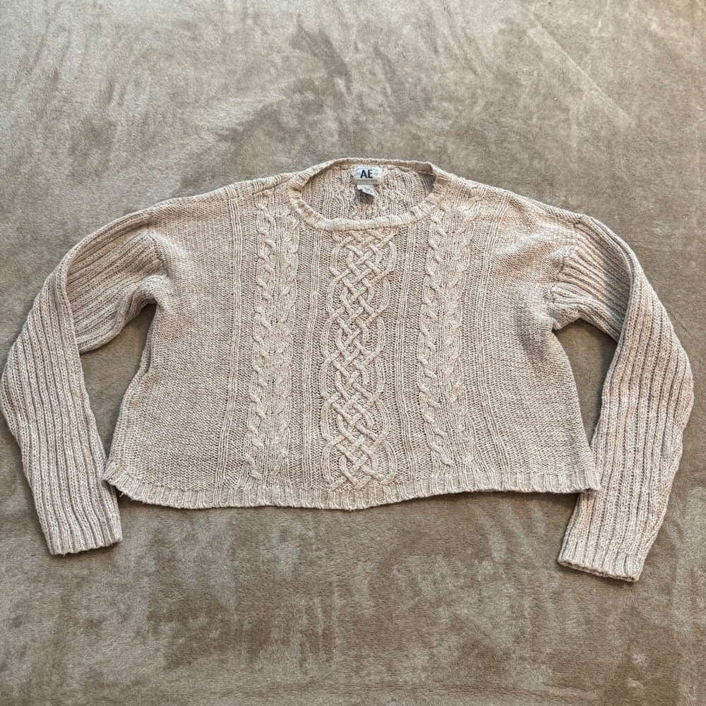 Vintage American Eagle Cable Knit Sweater Beige Cropped Ramie Cotton Large